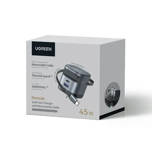 UGREEN Nexode Pro X614-65823 45W GaN Fast Charger with Retractable USB-C Cable - 2C1A 2