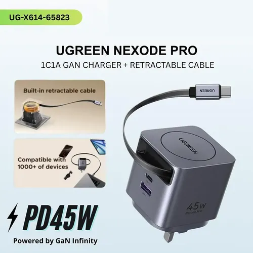 UGREEN Nexode Pro X614-65823 45W GaN Fast Charger with Retractable USB-C Cable - 2C1A 3