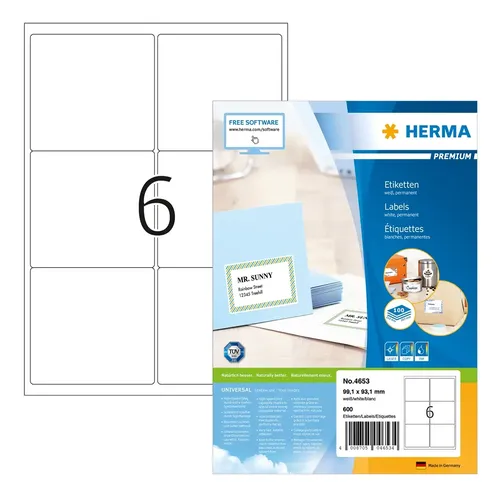 HERMA 4653 Premium Address Labels A4 White 99.1 x 93.1mm - 600 Labels 0